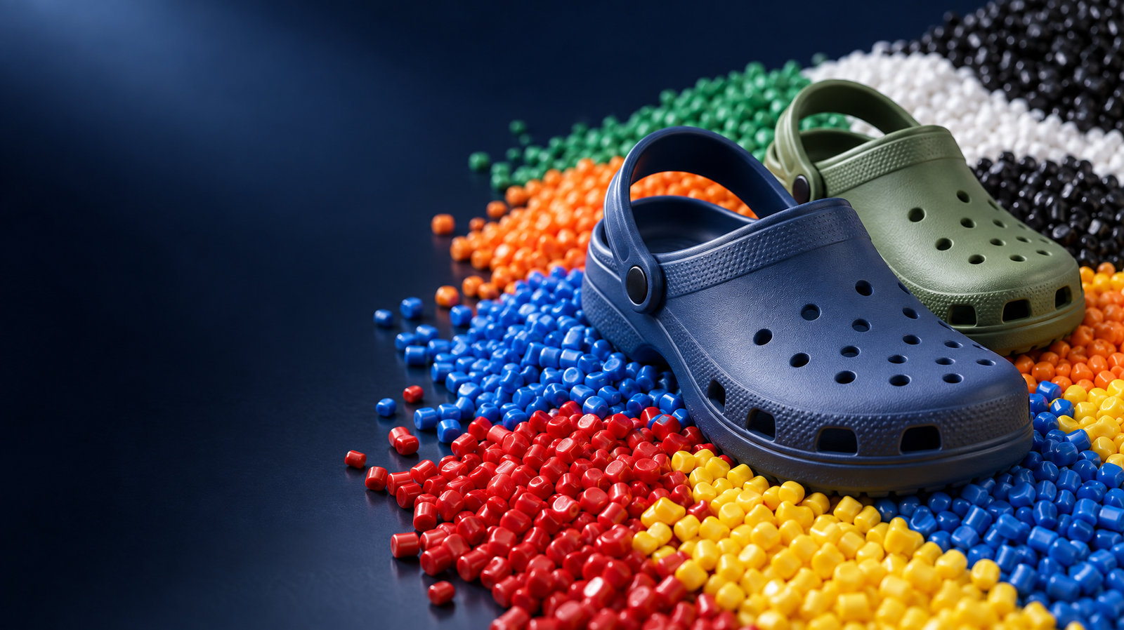 EVA compound pellets in red, yellow, blue, green, orange, black and white shades with finished moulded clogs