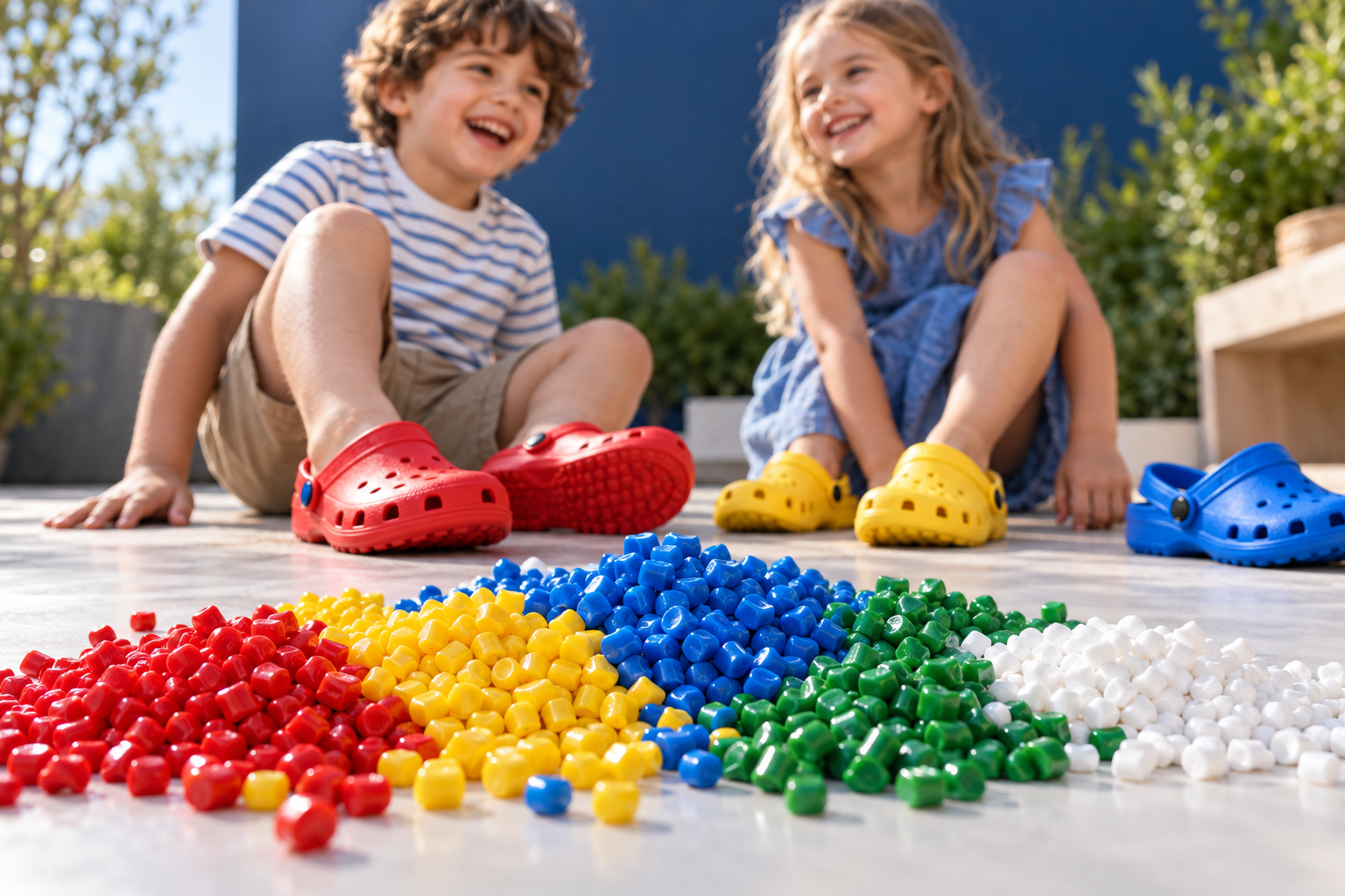 Children wearing red and yellow moulded EVA clogs, with multicoloured EVA compound pellets in the foreground