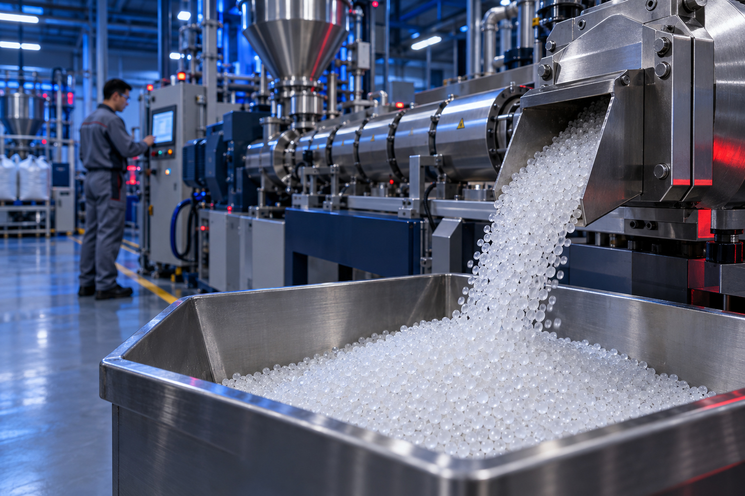 EVA compound pellets pouring from the extruder line into a collection bin at the D.POLY plant